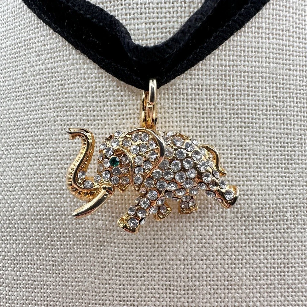 Vintage 90s Gold Tone Elephant Choker Necklace with Clear Glass & Green Eye